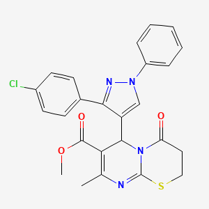 molecular formula C25H21ClN4O3S B11123500 methyl 6-[3-(4-chlorophenyl)-1-phenyl-1H-pyrazol-4-yl]-8-methyl-4-oxo-3,4-dihydro-2H,6H-pyrimido[2,1-b][1,3]thiazine-7-carboxylate 