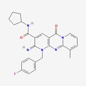molecular formula C25H24FN5O2 B11128755 N-cyclopentyl{1-[(4-fluorophenyl)methyl]-2-imino-10-methyl-5-oxo(1,6-dihydropy ridino[2,3-d]pyridino[1,2-a]pyrimidin-3-yl)}carboxamide 