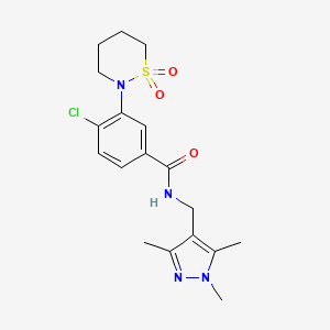 molecular formula C18H23ClN4O3S B11129545 4-chloro-3-(1,1-dioxido-1,2-thiazinan-2-yl)-N-[(1,3,5-trimethyl-1H-pyrazol-4-yl)methyl]benzamide 