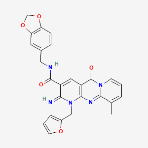molecular formula C26H21N5O5 B11130344 N-(1,3-benzodioxol-5-ylmethyl)-7-(furan-2-ylmethyl)-6-imino-11-methyl-2-oxo-1,7,9-triazatricyclo[8.4.0.03,8]tetradeca-3(8),4,9,11,13-pentaene-5-carboxamide 