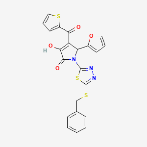 molecular formula C22H15N3O4S3 B11131059 (4E)-1-[5-(benzylsulfanyl)-1,3,4-thiadiazol-2-yl]-5-(furan-2-yl)-4-[hydroxy(thiophen-2-yl)methylidene]pyrrolidine-2,3-dione 