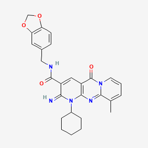 molecular formula C27H27N5O4 B11131429 N-(1,3-benzodioxol-5-ylmethyl)-7-cyclohexyl-6-imino-11-methyl-2-oxo-1,7,9-triazatricyclo[8.4.0.03,8]tetradeca-3(8),4,9,11,13-pentaene-5-carboxamide 