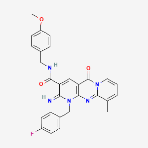 molecular formula C28H24FN5O3 B11131699 7-[(4-fluorophenyl)methyl]-6-imino-N-[(4-methoxyphenyl)methyl]-11-methyl-2-oxo-1,7,9-triazatricyclo[8.4.0.03,8]tetradeca-3(8),4,9,11,13-pentaene-5-carboxamide 