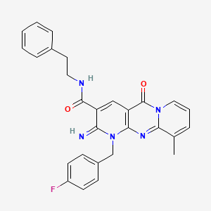 molecular formula C28H24FN5O2 B11131824 7-[(4-fluorophenyl)methyl]-6-imino-11-methyl-2-oxo-N-(2-phenylethyl)-1,7,9-triazatricyclo[8.4.0.0^{3,8}]tetradeca-3(8),4,9,11,13-pentaene-5-carboxamide 