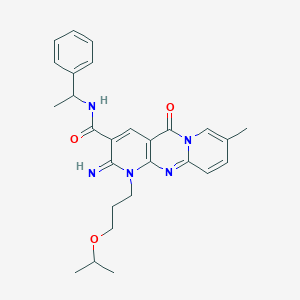 molecular formula C27H31N5O3 B11132231 6-imino-13-methyl-2-oxo-N-(1-phenylethyl)-7-[3-(propan-2-yloxy)propyl]-1,7,9-triazatricyclo[8.4.0.0^{3,8}]tetradeca-3(8),4,9,11,13-pentaene-5-carboxamide 