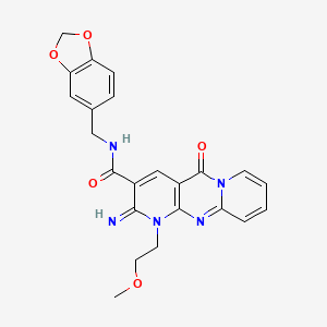 molecular formula C23H21N5O5 B11132859 N-[(2H-1,3-benzodioxol-5-yl)methyl]-6-imino-7-(2-methoxyethyl)-2-oxo-1,7,9-triazatricyclo[8.4.0.0^{3,8}]tetradeca-3(8),4,9,11,13-pentaene-5-carboxamide 