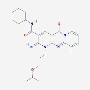 molecular formula C25H33N5O3 B11133126 N-cyclohexyl-6-imino-11-methyl-2-oxo-7-[3-(propan-2-yloxy)propyl]-1,7,9-triazatricyclo[8.4.0.0^{3,8}]tetradeca-3(8),4,9,11,13-pentaene-5-carboxamide 