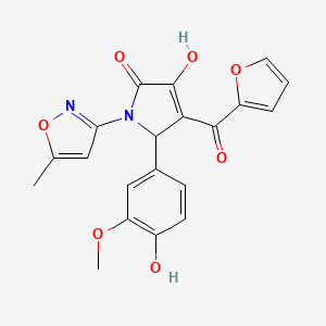 molecular formula C20H16N2O7 B11133548 (4E)-4-[furan-2-yl(hydroxy)methylidene]-5-(4-hydroxy-3-methoxyphenyl)-1-(5-methyl-1,2-oxazol-3-yl)pyrrolidine-2,3-dione 