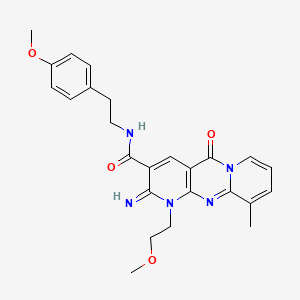molecular formula C25H27N5O4 B11138899 6-imino-7-(2-methoxyethyl)-N-[2-(4-methoxyphenyl)ethyl]-11-methyl-2-oxo-1,7,9-triazatricyclo[8.4.0.0^{3,8}]tetradeca-3(8),4,9,11,13-pentaene-5-carboxamide 