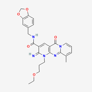 molecular formula C26H27N5O5 B11140586 N-(1,3-benzodioxol-5-ylmethyl)-7-(3-ethoxypropyl)-6-imino-11-methyl-2-oxo-1,7,9-triazatricyclo[8.4.0.03,8]tetradeca-3(8),4,9,11,13-pentaene-5-carboxamide 