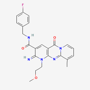 molecular formula C23H22FN5O3 B11145592 N-[(4-fluorophenyl)methyl]-6-imino-7-(2-methoxyethyl)-11-methyl-2-oxo-1,7,9-triazatricyclo[8.4.0.0^{3,8}]tetradeca-3(8),4,9,11,13-pentaene-5-carboxamide 