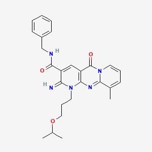 molecular formula C26H29N5O3 B11146797 N-benzyl-6-imino-11-methyl-2-oxo-7-[3-(propan-2-yloxy)propyl]-1,7,9-triazatricyclo[8.4.0.0^{3,8}]tetradeca-3(8),4,9,11,13-pentaene-5-carboxamide 