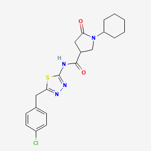 molecular formula C20H23ClN4O2S B11166172 N-[5-(4-chlorobenzyl)-1,3,4-thiadiazol-2-yl]-1-cyclohexyl-5-oxopyrrolidine-3-carboxamide 