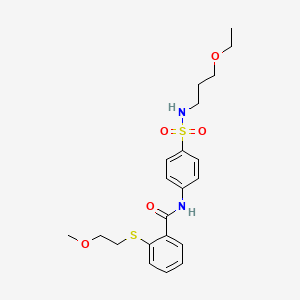 molecular formula C21H28N2O5S2 B11168774 N-{4-[(3-ethoxypropyl)sulfamoyl]phenyl}-2-[(2-methoxyethyl)sulfanyl]benzamide 