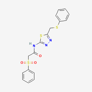 molecular formula C17H15N3O3S3 B11169012 N-{5-[(phenylsulfanyl)methyl]-1,3,4-thiadiazol-2-yl}-2-(phenylsulfonyl)acetamide 
