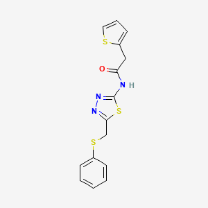 molecular formula C15H13N3OS3 B11175671 N-{5-[(phenylsulfanyl)methyl]-1,3,4-thiadiazol-2-yl}-2-(thiophen-2-yl)acetamide 