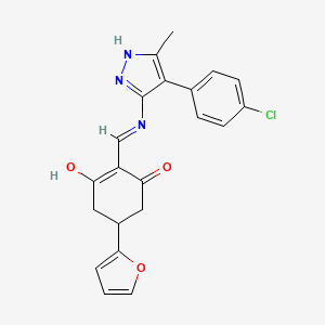 molecular formula C21H18ClN3O3 B11177551 2-({[4-(4-chlorophenyl)-3-methyl-1H-pyrazol-5-yl]amino}methylidene)-5-(furan-2-yl)cyclohexane-1,3-dione 
