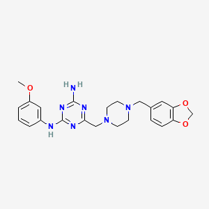 molecular formula C23H27N7O3 B11178333 6-{[4-(1,3-benzodioxol-5-ylmethyl)piperazin-1-yl]methyl}-N-(3-methoxyphenyl)-1,3,5-triazine-2,4-diamine 