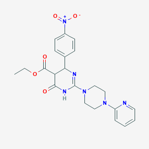 molecular formula C22H24N6O5 B11178814 Ethyl 6-(4-nitrophenyl)-4-oxo-2-[4-(pyridin-2-yl)piperazin-1-yl]-1,4,5,6-tetrahydropyrimidine-5-carboxylate 