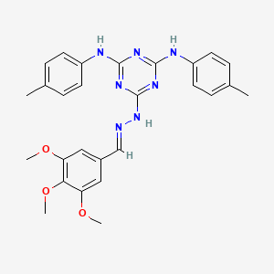 molecular formula C27H29N7O3 B11182685 N,N'-bis(4-methylphenyl)-6-[(2E)-2-(3,4,5-trimethoxybenzylidene)hydrazinyl]-1,3,5-triazine-2,4-diamine 