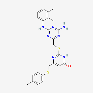 molecular formula C24H25N7OS2 B11184988 2-[({4-Amino-6-[(2,3-dimethylphenyl)amino]-1,3,5-triazin-2-yl}methyl)sulfanyl]-6-{[(4-methylphenyl)sulfanyl]methyl}pyrimidin-4-ol 