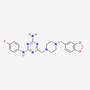 molecular formula C22H24FN7O2 B11185789 6-{[4-(1,3-benzodioxol-5-ylmethyl)piperazin-1-yl]methyl}-N-(4-fluorophenyl)-1,3,5-triazine-2,4-diamine 