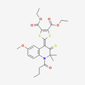 molecular formula C25H29NO6S3 B11186372 diethyl 2-(1-butanoyl-6-methoxy-2,2-dimethyl-3-thioxo-2,3-dihydroquinolin-4(1H)-ylidene)-1,3-dithiole-4,5-dicarboxylate 