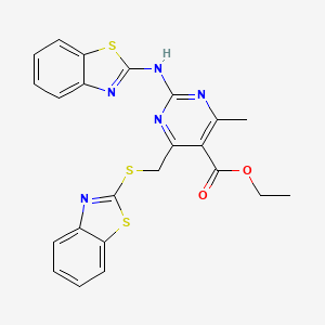 molecular formula C23H19N5O2S3 B11187902 Ethyl 2-(1,3-benzothiazol-2-ylamino)-4-[(1,3-benzothiazol-2-ylsulfanyl)methyl]-6-methylpyrimidine-5-carboxylate 