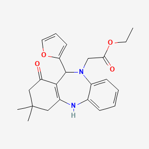 molecular formula C23H26N2O4 B11190599 ethyl 2-(11-(furan-2-yl)-3,3-dimethyl-1-oxo-3,4-dihydro-1H-dibenzo[b,e][1,4]diazepin-10(2H,5H,11H)-yl)acetate 