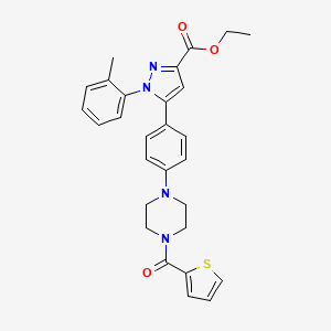 molecular formula C28H28N4O3S B11193456 Ethyl 5-(4-(4-(thiophene-2-carbonyl)piperazin-1-yl)phenyl)-1-(o-tolyl)-1H-pyrazole-3-carboxylate 