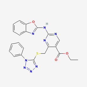 molecular formula C22H18N8O3S B11194057 ethyl 2-(1,3-benzoxazol-2-ylamino)-4-{[(1-phenyl-1H-tetrazol-5-yl)sulfanyl]methyl}pyrimidine-5-carboxylate 