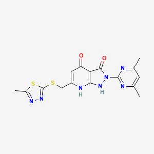 molecular formula C16H15N7O2S2 B11195893 2-(4,6-dimethylpyrimidin-2-yl)-4-hydroxy-6-{[(5-methyl-1,3,4-thiadiazol-2-yl)sulfanyl]methyl}-1,2-dihydro-3H-pyrazolo[3,4-b]pyridin-3-one 