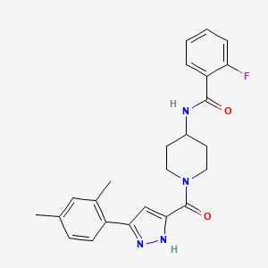 molecular formula C24H25FN4O2 B11196893 N-(1-(3-(2,4-dimethylphenyl)-1H-pyrazole-5-carbonyl)piperidin-4-yl)-2-fluorobenzamide 