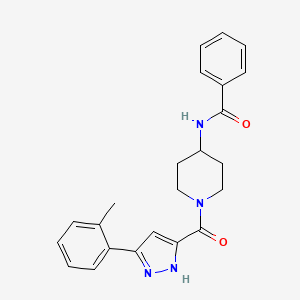 molecular formula C23H24N4O2 B11198323 N-(1-(3-(o-tolyl)-1H-pyrazole-5-carbonyl)piperidin-4-yl)benzamide 