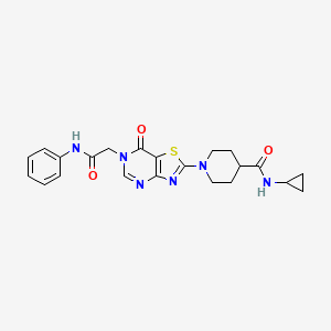 molecular formula C22H24N6O3S B11199435 N-cyclopropyl-1-{7-oxo-6-[2-oxo-2-(phenylamino)ethyl]-6,7-dihydro[1,3]thiazolo[4,5-d]pyrimidin-2-yl}piperidine-4-carboxamide 