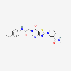 molecular formula C23H28N6O3S B11200034 N-ethyl-1-(6-{2-[(4-ethylphenyl)amino]-2-oxoethyl}-7-oxo-6,7-dihydro[1,3]thiazolo[4,5-d]pyrimidin-2-yl)piperidine-3-carboxamide 