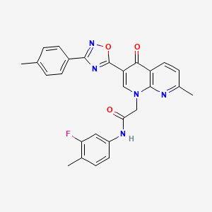 molecular formula C27H22FN5O3 B11200982 N-(3-fluoro-4-methylphenyl)-2-{7-methyl-3-[3-(4-methylphenyl)-1,2,4-oxadiazol-5-yl]-4-oxo-1,4-dihydro-1,8-naphthyridin-1-yl}acetamide 