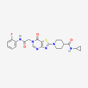 molecular formula C22H23FN6O3S B11201674 N-Cyclopropyl-1-(6-{[(2-fluorophenyl)carbamoyl]methyl}-7-oxo-6H,7H-[1,3]thiazolo[4,5-D]pyrimidin-2-YL)piperidine-4-carboxamide 