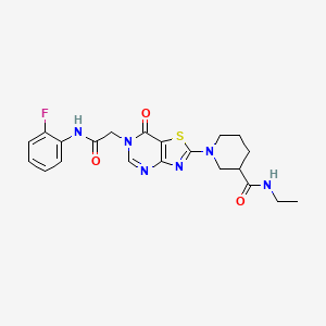 molecular formula C21H23FN6O3S B11202450 N-Ethyl-1-(6-{[(2-fluorophenyl)carbamoyl]methyl}-7-oxo-6H,7H-[1,3]thiazolo[4,5-D]pyrimidin-2-YL)piperidine-3-carboxamide 