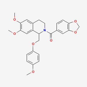 molecular formula C27H27NO7 B11204346 benzo[d][1,3]dioxol-5-yl(6,7-dimethoxy-1-((4-methoxyphenoxy)methyl)-3,4-dihydroisoquinolin-2(1H)-yl)methanone 