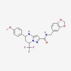 molecular formula C23H21F3N4O4 B11212674 N-(1,3-benzodioxol-5-ylmethyl)-5-(4-methoxyphenyl)-7-(trifluoromethyl)-4,5,6,7-tetrahydropyrazolo[1,5-a]pyrimidine-2-carboxamide 