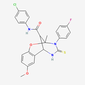molecular formula C25H21ClFN3O3S B11213724 N-(4-chlorophenyl)-3-(4-fluorophenyl)-8-methoxy-2-methyl-4-thioxo-3,4,5,6-tetrahydro-2H-2,6-methano-1,3,5-benzoxadiazocine-11-carboxamide 