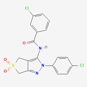 molecular formula C18H13Cl2N3O3S B11213884 3-chloro-N-(2-(4-chlorophenyl)-5,5-dioxido-4,6-dihydro-2H-thieno[3,4-c]pyrazol-3-yl)benzamide 