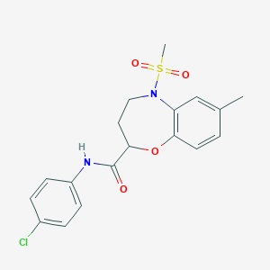 molecular formula C18H19ClN2O4S B11222700 N-(4-chlorophenyl)-7-methyl-5-(methylsulfonyl)-2,3,4,5-tetrahydro-1,5-benzoxazepine-2-carboxamide 