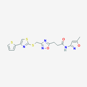 molecular formula C17H15N5O3S3 B11227552 N-(5-methyl-1,2-oxazol-3-yl)-3-[3-({[4-(thiophen-2-yl)-1,3-thiazol-2-yl]sulfanyl}methyl)-1,2,4-oxadiazol-5-yl]propanamide 