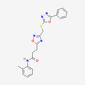 molecular formula C21H19N5O3S B11227697 N-(2-methylphenyl)-3-(3-{[(5-phenyl-1,3,4-oxadiazol-2-yl)sulfanyl]methyl}-1,2,4-oxadiazol-5-yl)propanamide 