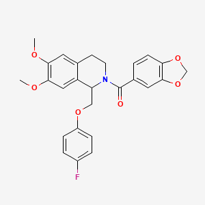 molecular formula C26H24FNO6 B11227804 benzo[d][1,3]dioxol-5-yl(1-((4-fluorophenoxy)methyl)-6,7-dimethoxy-3,4-dihydroisoquinolin-2(1H)-yl)methanone 