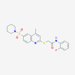 molecular formula C23H24FN3O3S2 B11227890 N-(2-Fluorophenyl)-2-{[4-methyl-6-(piperidine-1-sulfonyl)quinolin-2-YL]sulfanyl}acetamide 