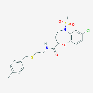 molecular formula C21H25ClN2O4S2 B11228379 7-chloro-N-{2-[(4-methylbenzyl)sulfanyl]ethyl}-5-(methylsulfonyl)-2,3,4,5-tetrahydro-1,5-benzoxazepine-2-carboxamide 