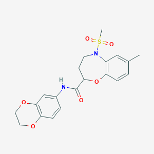 molecular formula C20H22N2O6S B11228742 N-(2,3-dihydro-1,4-benzodioxin-6-yl)-7-methyl-5-(methylsulfonyl)-2,3,4,5-tetrahydro-1,5-benzoxazepine-2-carboxamide 
